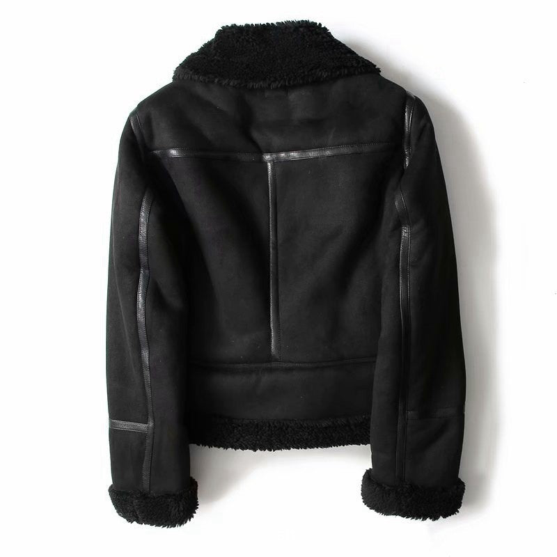 Woman wearing black suede lapel winter jacket