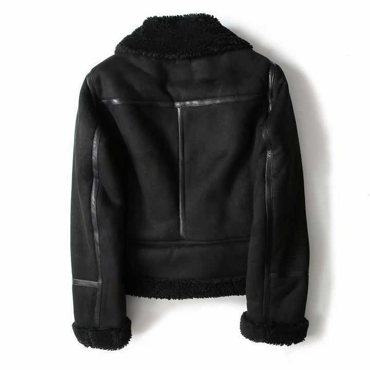 Woman wearing black suede lapel winter jacket