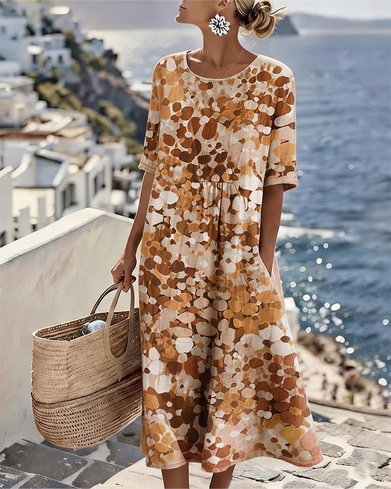 Woman wearing floral print midi dress with short sleeves