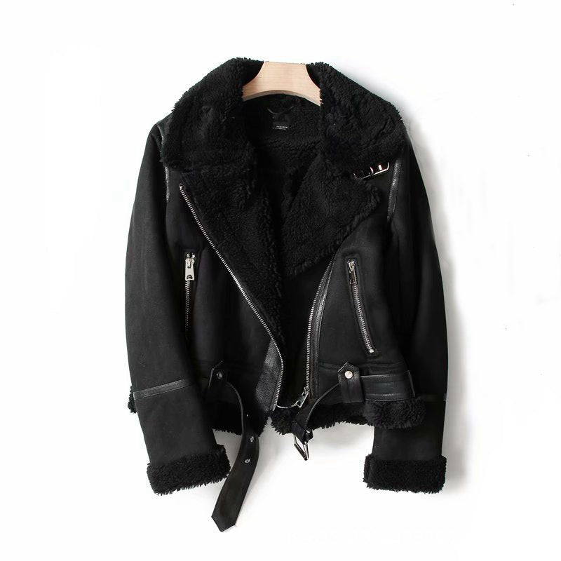 Woman wearing black suede lapel winter jacket