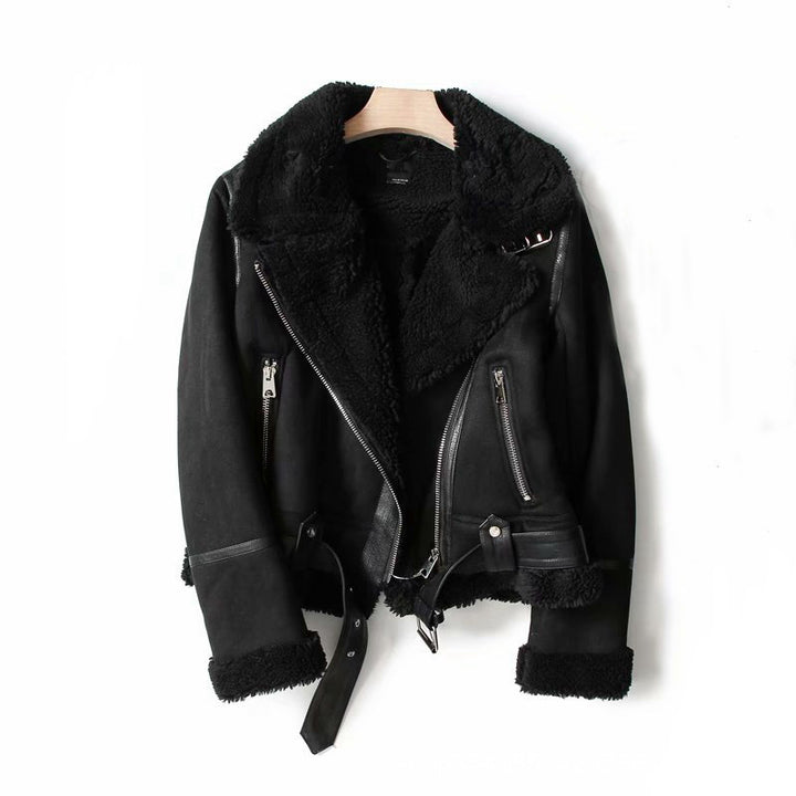 Woman wearing black suede lapel winter jacket