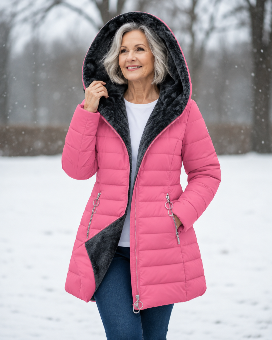 Woman wearing quilted hooded winter coat with A-line fit