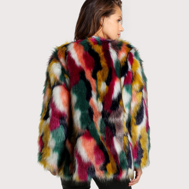 Woman wearing multicolor faux fur coat with long sleeves
