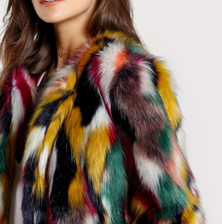 Woman wearing multicolor faux fur coat with long sleeves