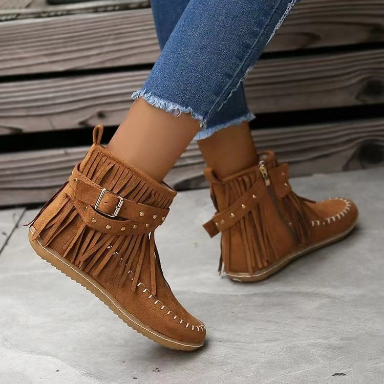 Women's suede ankle boots with fringe and rivet straps