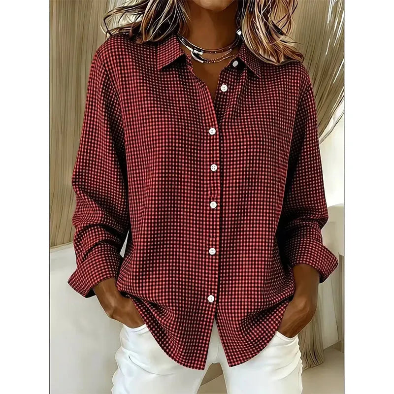 Woman wearing gingham button-front blouse with long sleeves