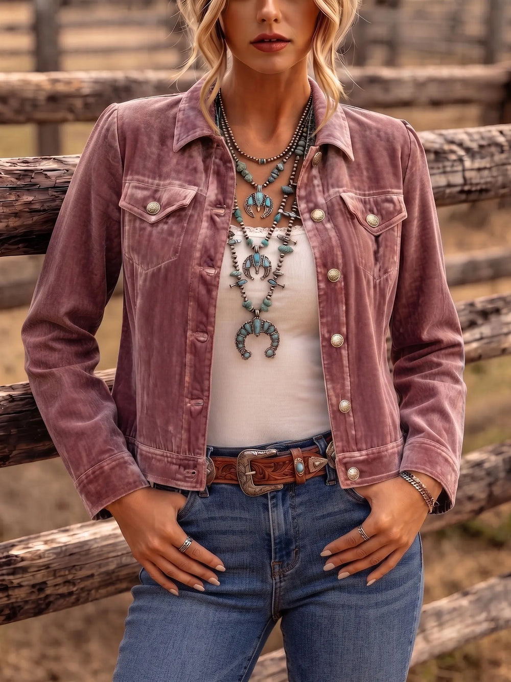 Women's vintage wash button front jacket with chest pockets