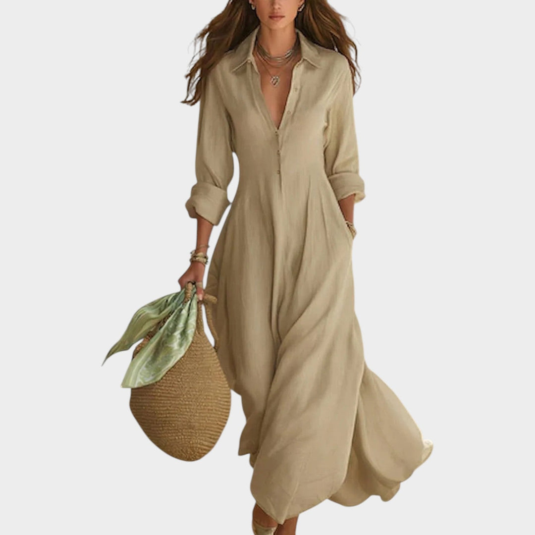 Woman wearing button front maxi dress outdoors
