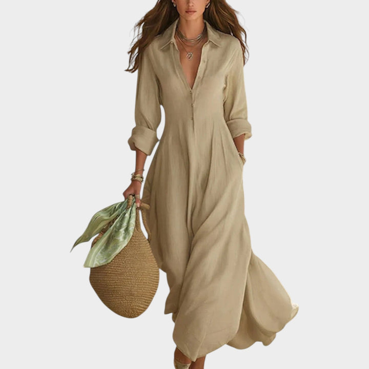 Woman wearing button front maxi dress outdoors