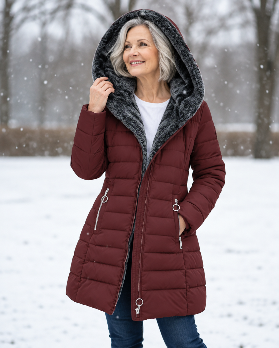 Woman wearing quilted hooded winter coat with A-line fit