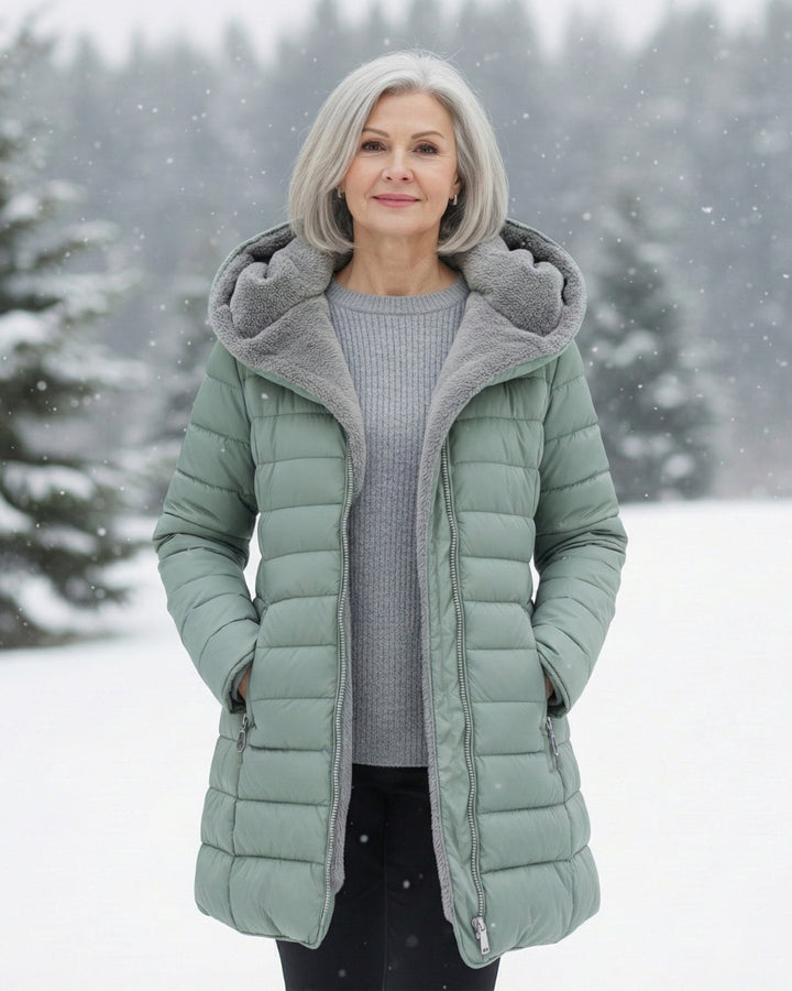 Woman wearing fleece-lined A-line puffer coat