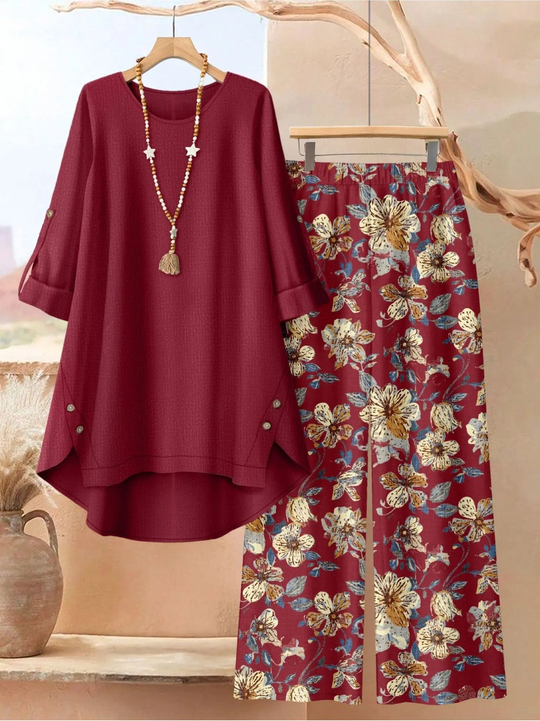 Leaf print two piece set with wide leg pants