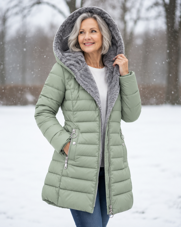 Woman wearing quilted hooded winter coat with A-line fit
