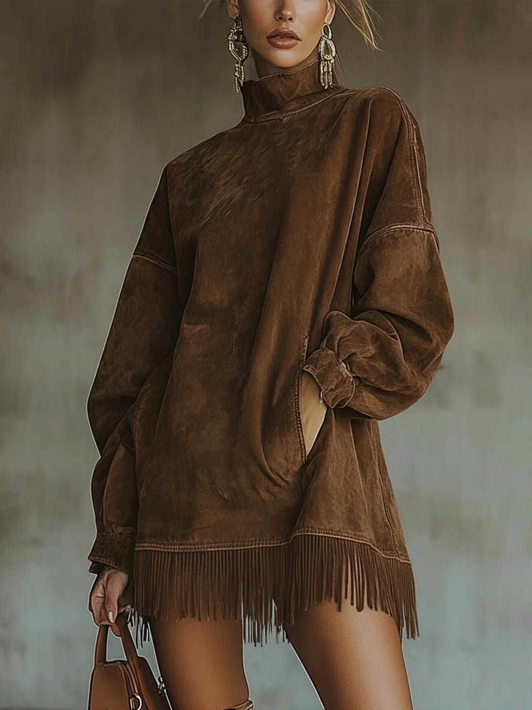 Suede Fringe Turtleneck Dress | Elegant Design | Perfect for Fall Events | Soft and Comfortable Material