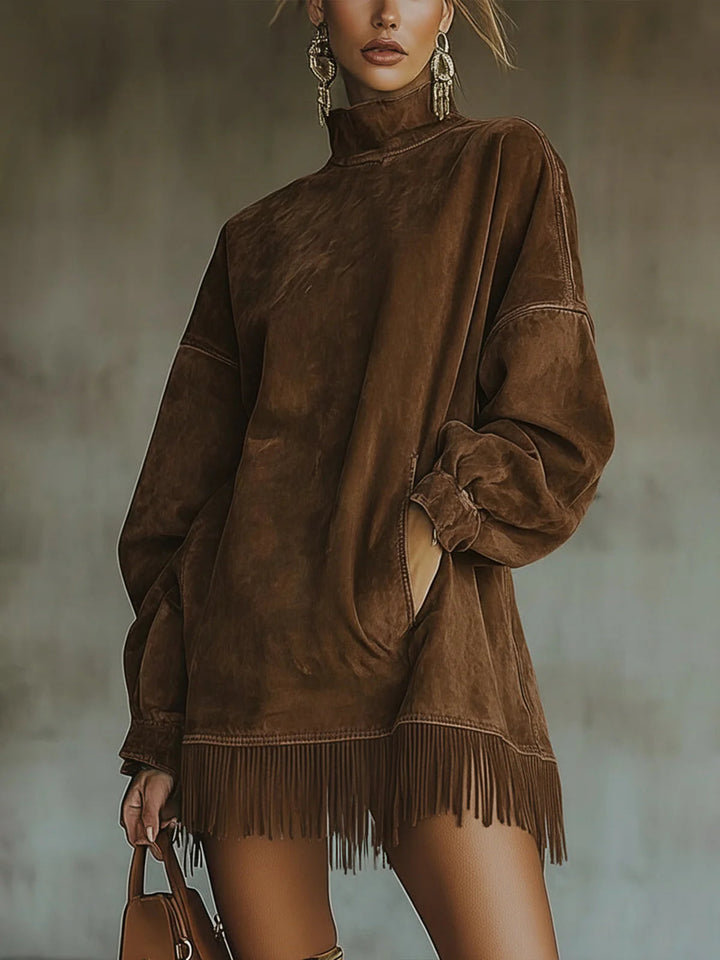 Suede Fringe Turtleneck Dress | Elegant Design | Perfect for Fall Events | Soft and Comfortable Material