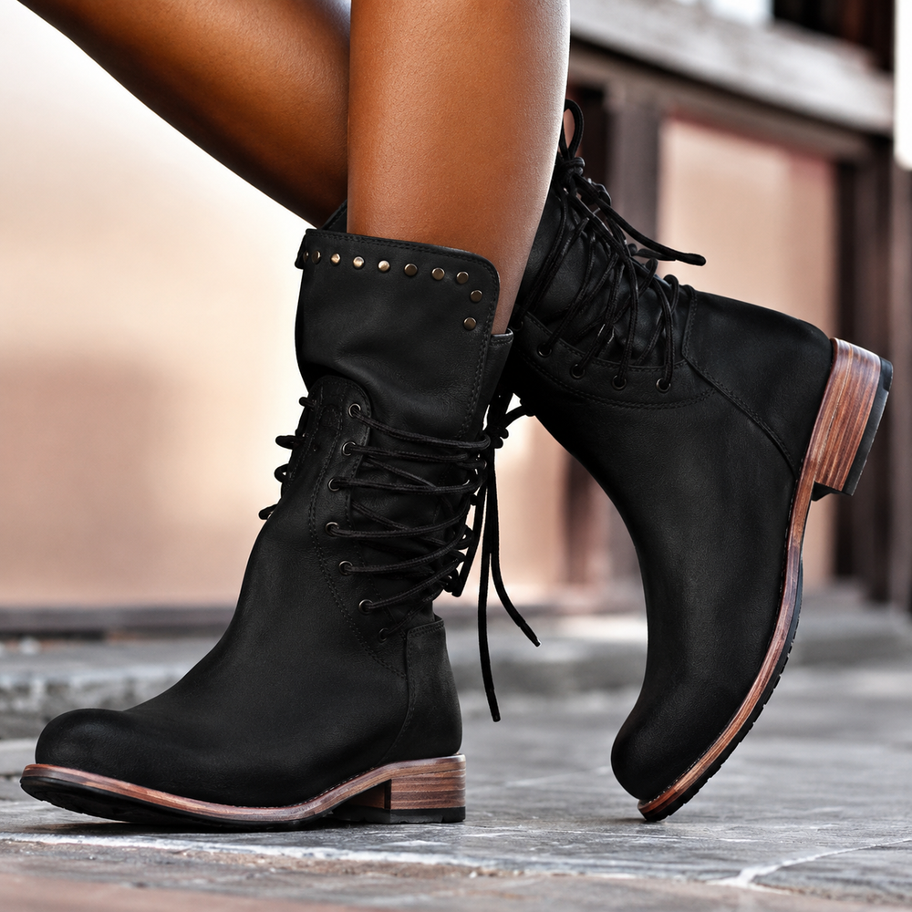 Women's brown studded lace-up ankle boots with block heel