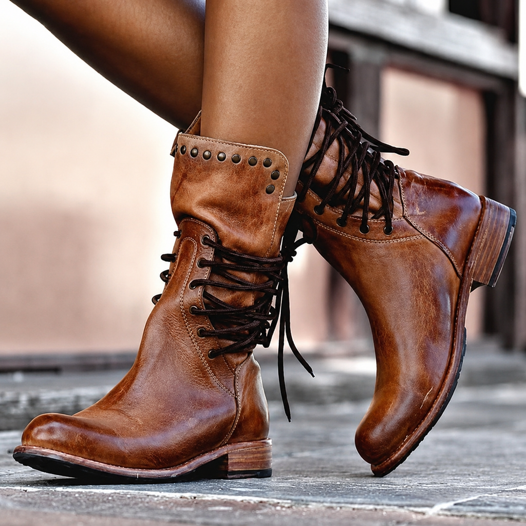 Women's brown studded lace-up ankle boots with block heel