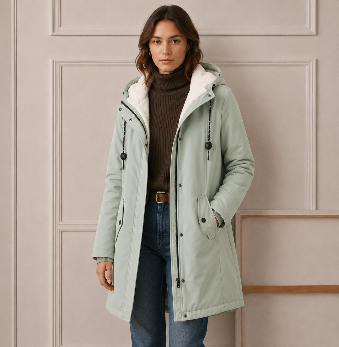 Woman wearing long quilted hooded winter coat outdoors