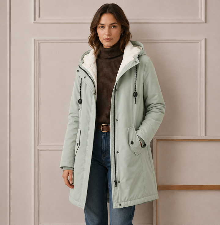 Woman wearing long quilted hooded winter coat outdoors