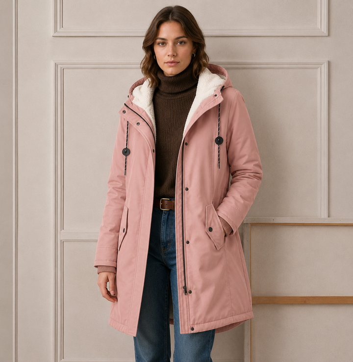 Woman wearing long quilted hooded winter coat outdoors