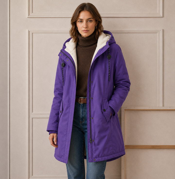 Woman wearing long quilted hooded winter coat outdoors