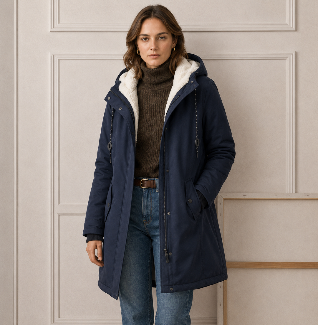 Woman wearing long quilted hooded winter coat outdoors