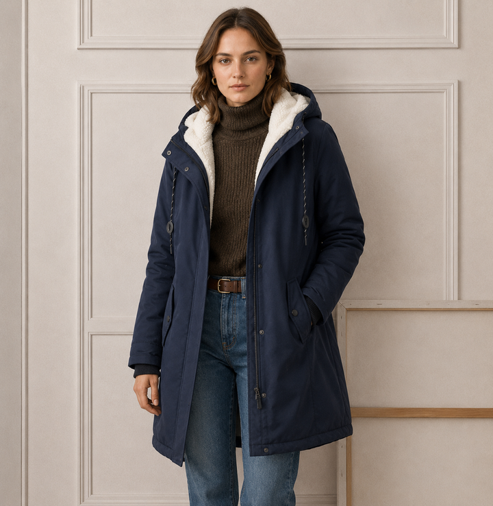 Woman wearing long quilted hooded winter coat outdoors
