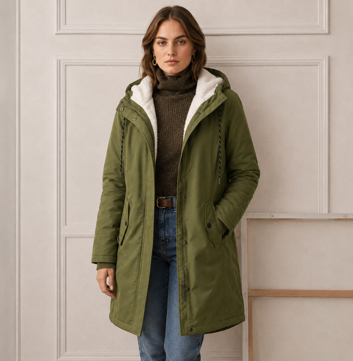 Woman wearing long quilted hooded winter coat outdoors