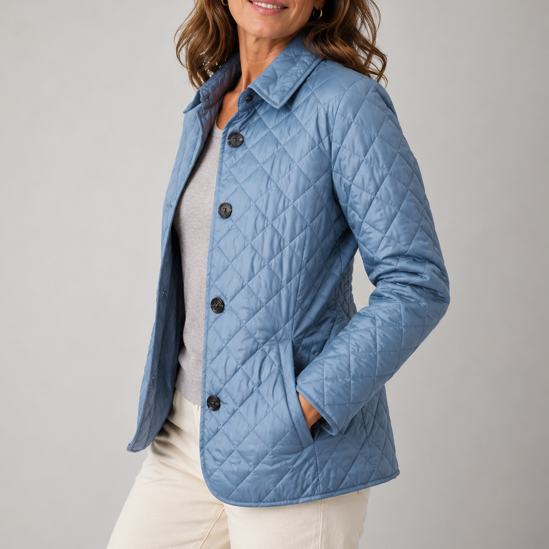 Woman wearing quilted button jacket with stand collar