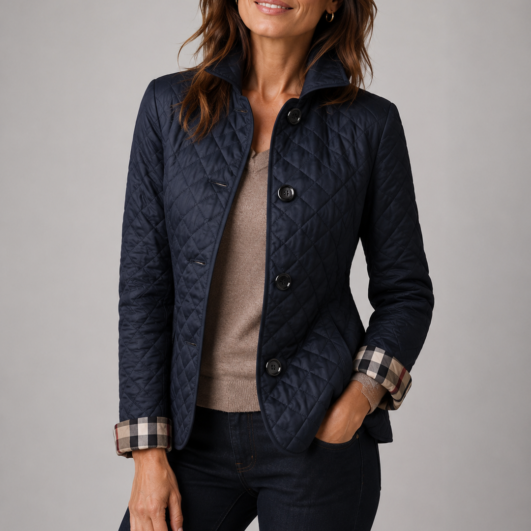 Woman wearing quilted button jacket with stand collar