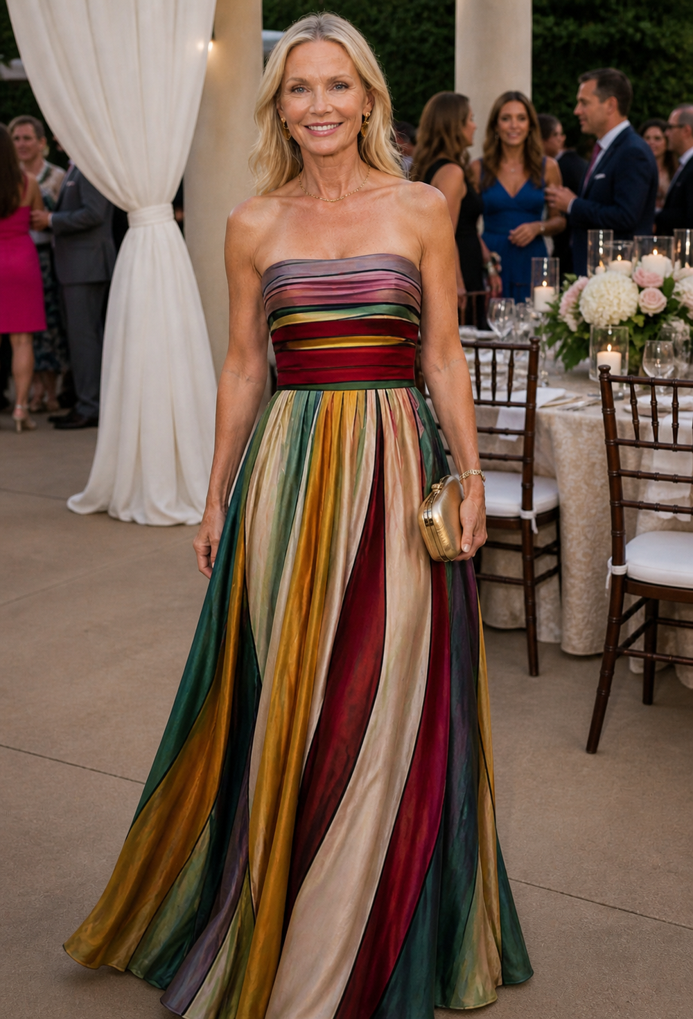 Woman wearing strapless A-line maxi dress outdoors