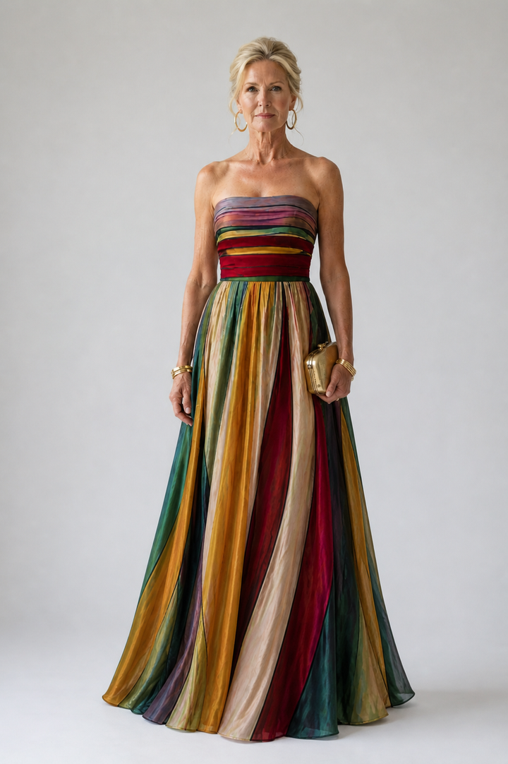 Woman wearing strapless A-line maxi dress outdoors