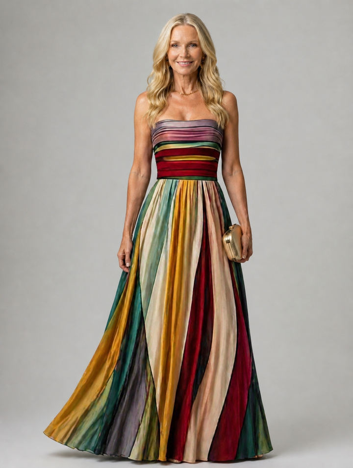 Woman wearing strapless A-line maxi dress outdoors