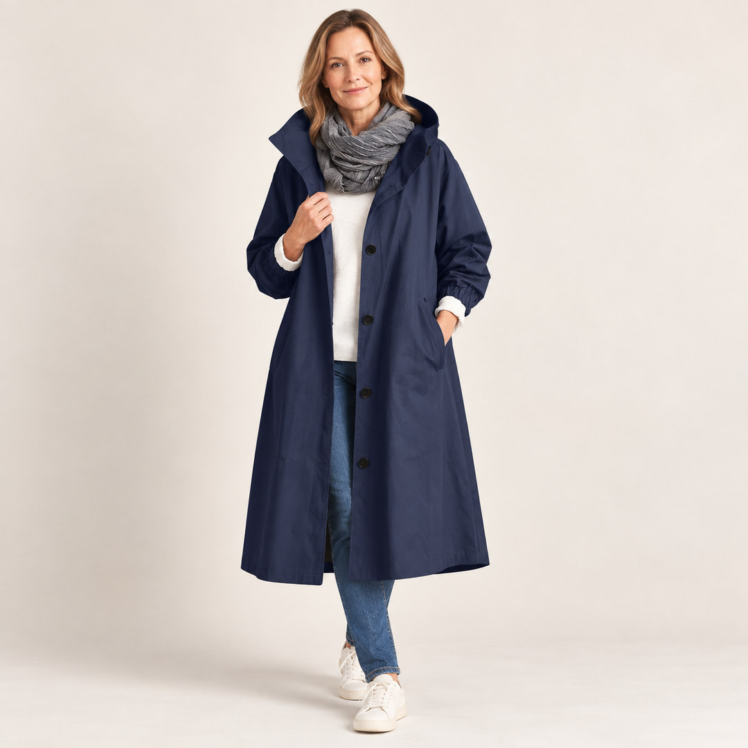 Woman wearing long hooded button-front coat outdoors