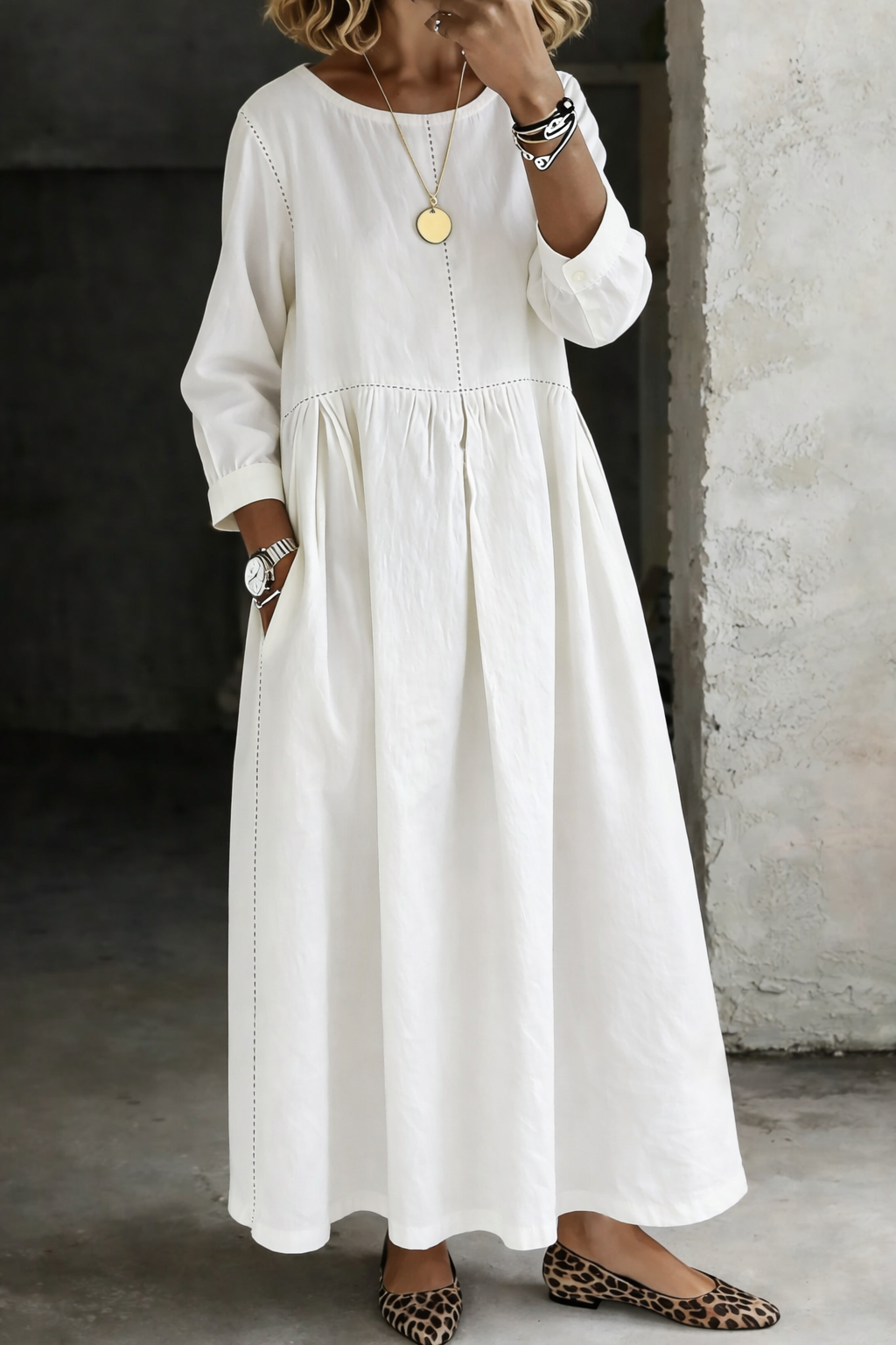 Blue relaxed denim maxi dress with long sleeves