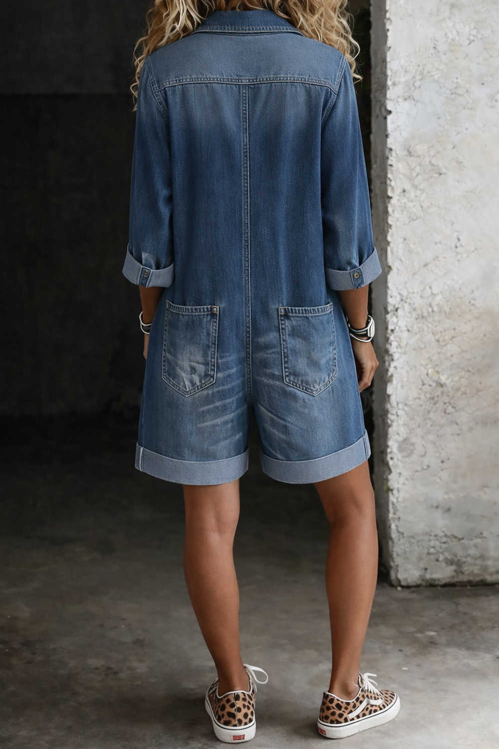 Woman wearing short denim-inspired jumpsuit outdoors