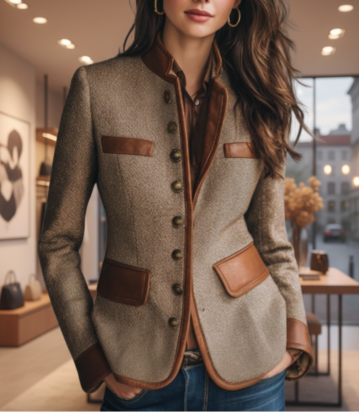 Woman wearing brown textured tailored jacket with sharp collar
