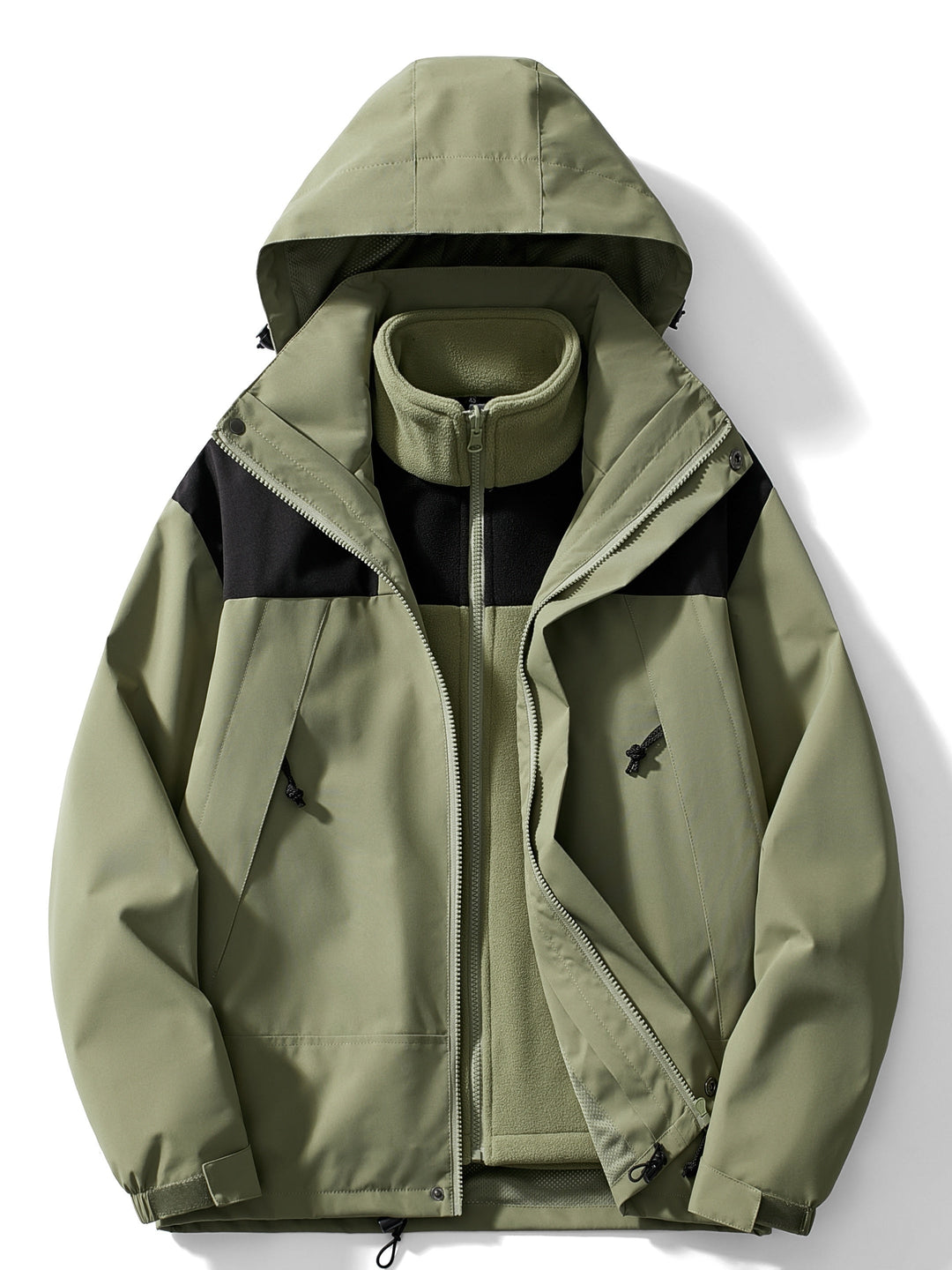Woman wearing hooded 3-in-1 winter jacket
