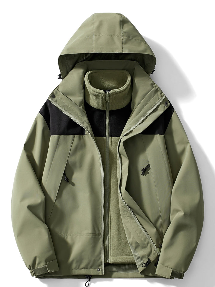 Woman wearing hooded 3-in-1 winter jacket