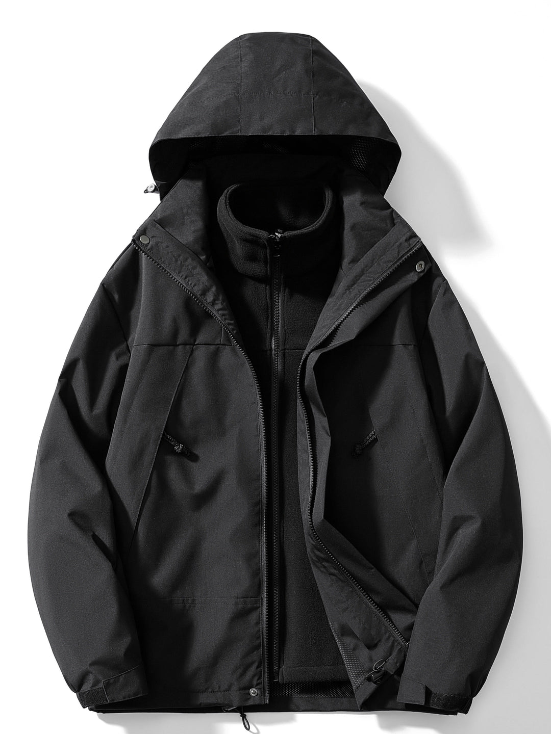 Woman wearing hooded 3-in-1 winter jacket