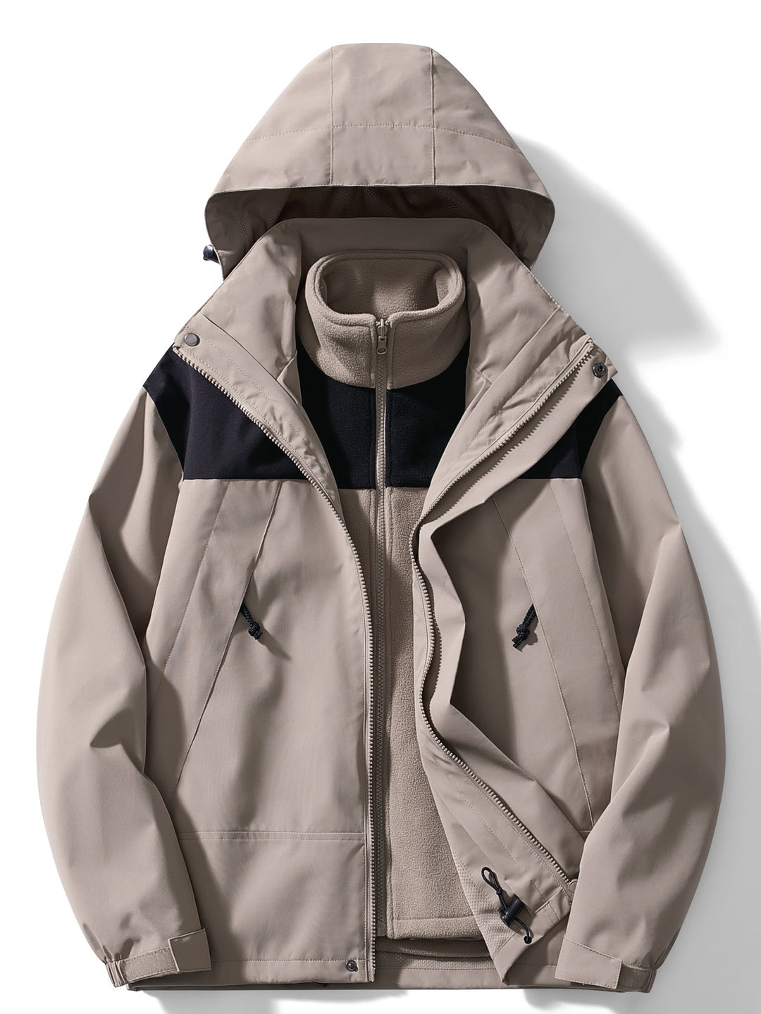 Woman wearing hooded 3-in-1 winter jacket