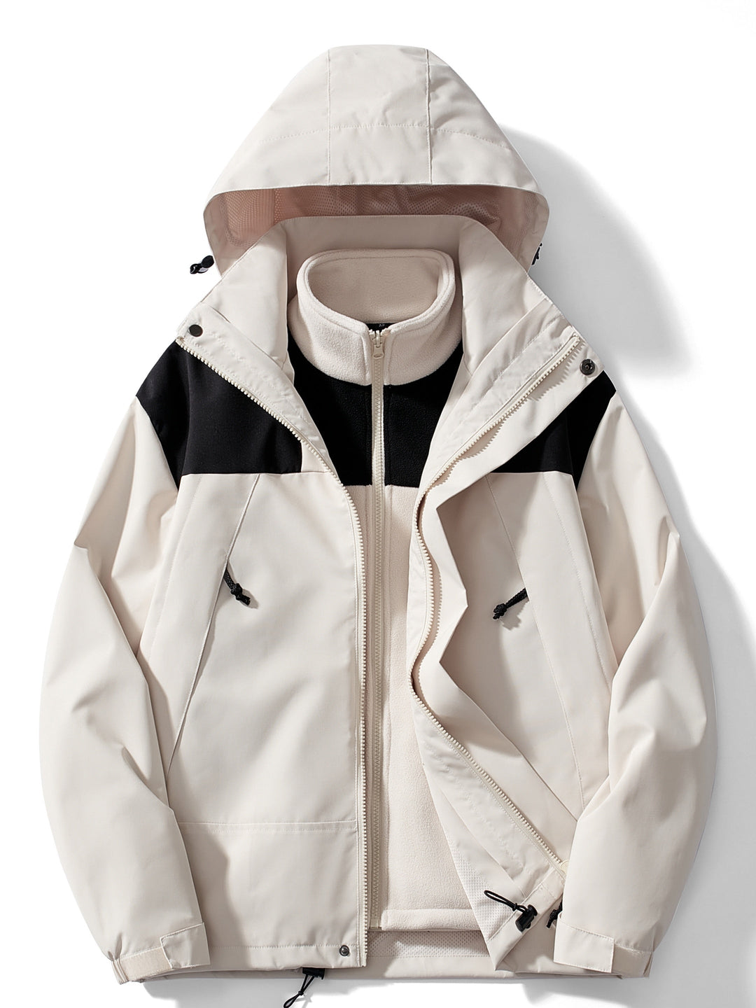 Woman wearing hooded 3-in-1 winter jacket