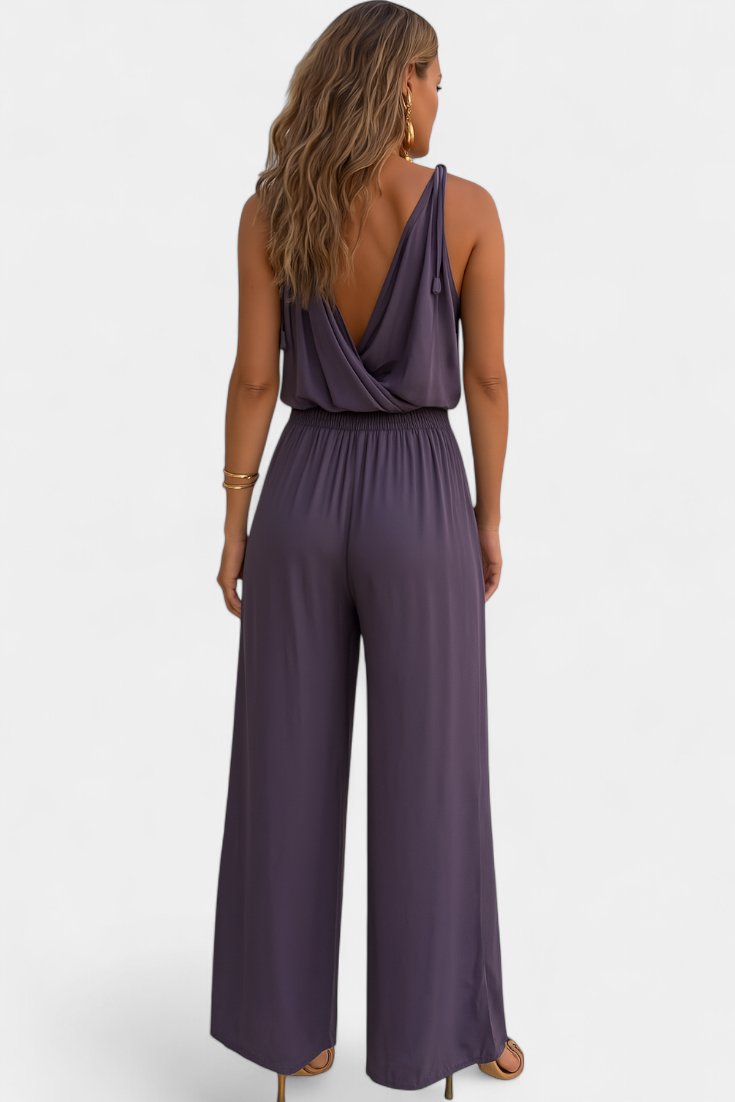 Backless Jumpsuit | Elegant Gold Accents | Perfect for Special Occasions | Comfortable Fit
