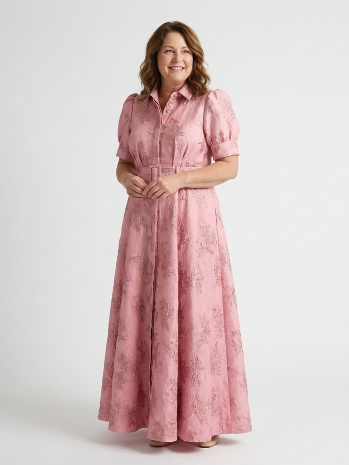Maxi Shirt Dress | Short Sleeve & Belted | Floral Textured Design | Perfect for Casual or Formal Occasions