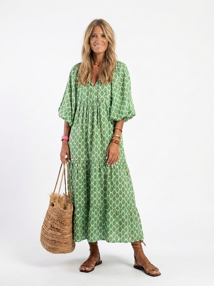 Midi Dress | Three-Quarter Sleeve | Elegant V-Neck Design | Patterned for a Chic Look