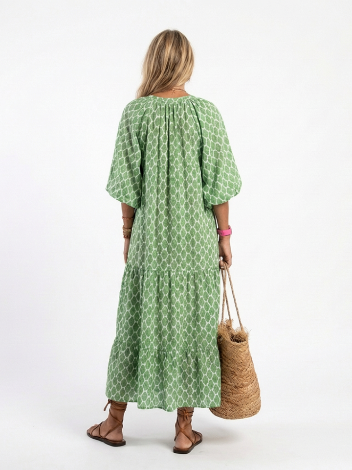 Midi Dress | Three-Quarter Sleeve | Elegant V-Neck Design | Patterned for a Chic Look