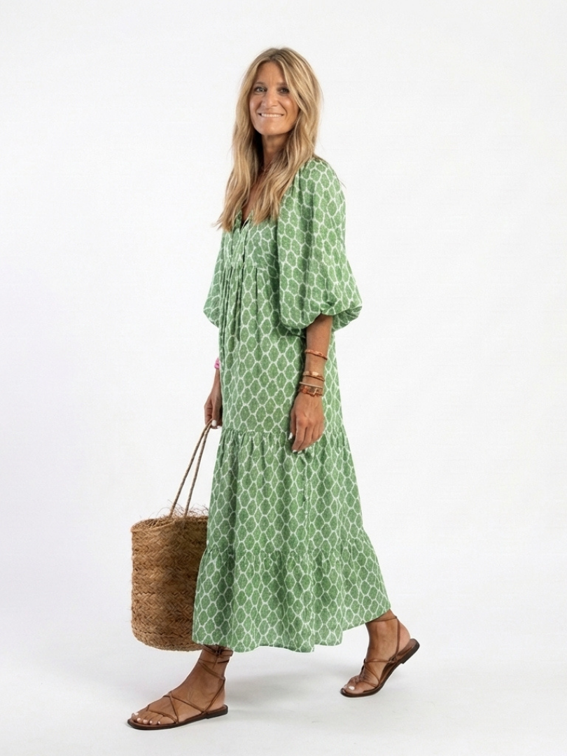 Midi Dress | Three-Quarter Sleeve | Elegant V-Neck Design | Patterned for a Chic Look