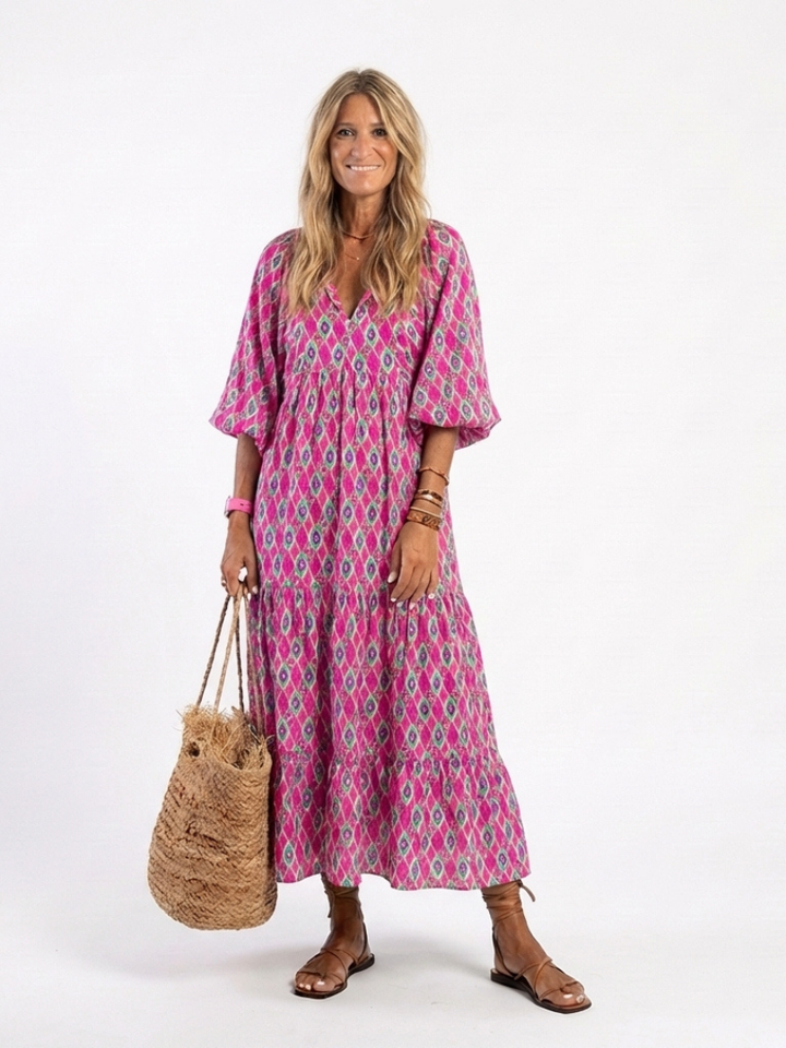 Midi Dress | Three-Quarter Sleeve | Elegant V-Neck Design | Patterned for a Chic Look