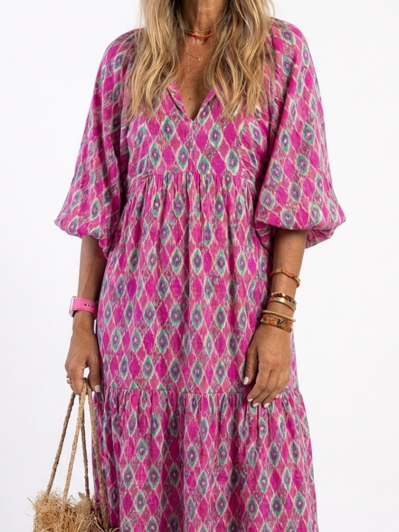 Midi Dress | Three-Quarter Sleeve | Elegant V-Neck Design | Patterned for a Chic Look