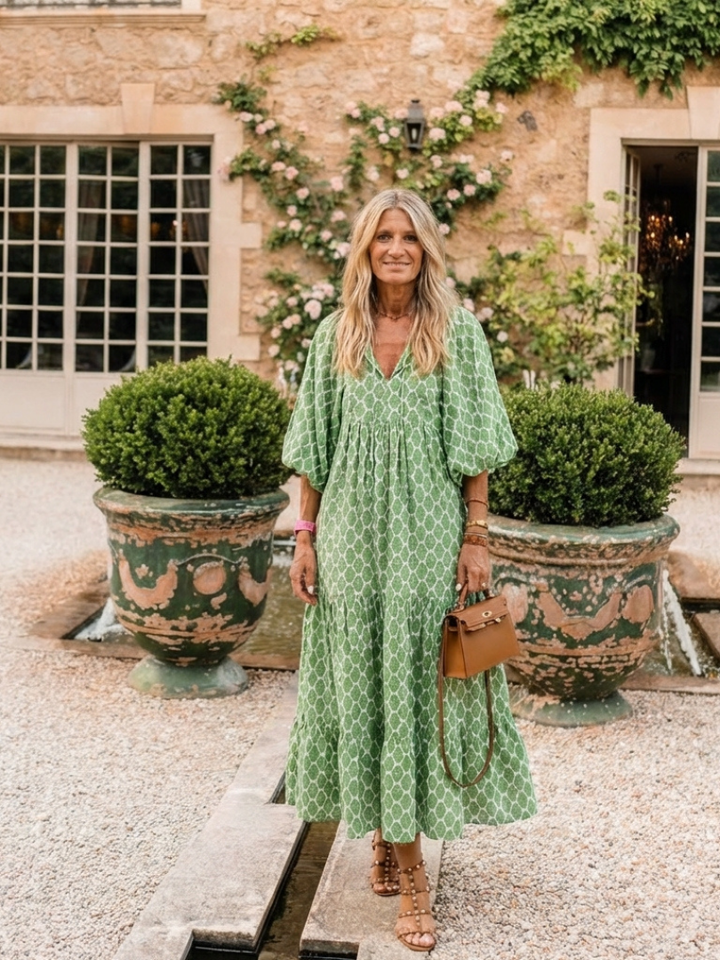 Midi Dress | Three-Quarter Sleeve | Elegant V-Neck Design | Patterned for a Chic Look
